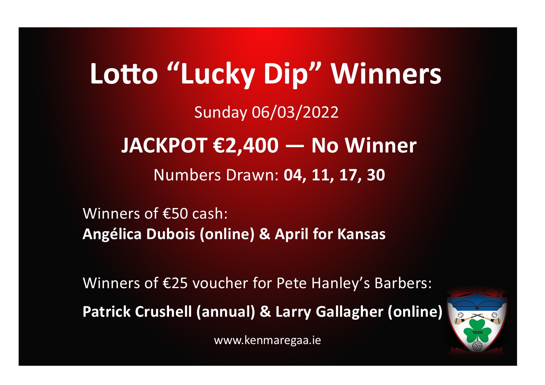 Lotto Results 6th March 2022 Kenmare Shamrocks G. A. A. Club